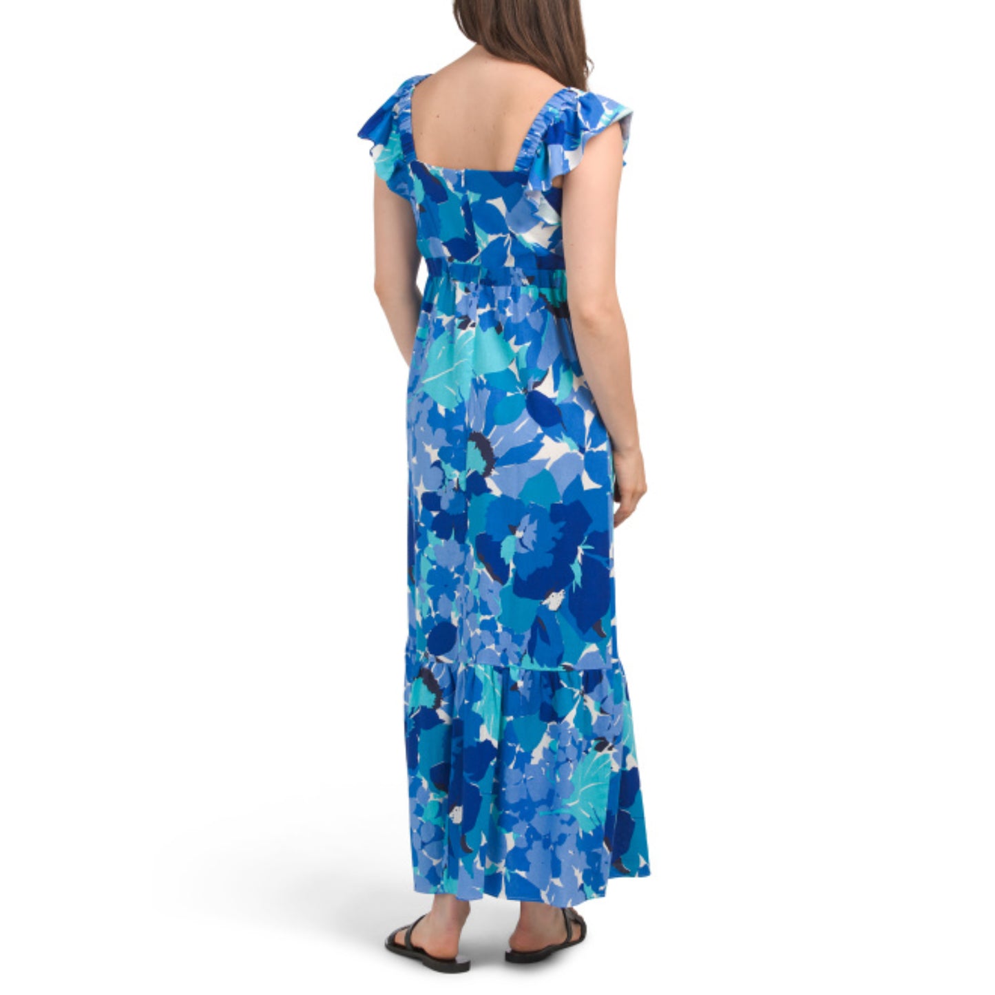 London Times Women's Linen Blend Floral Print Ruffle Sleeve Maxi Dress