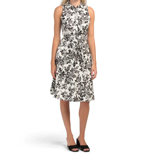 London Times Women's Linen Floral Print Tie Waist Button Closure Shirt Midi Dress