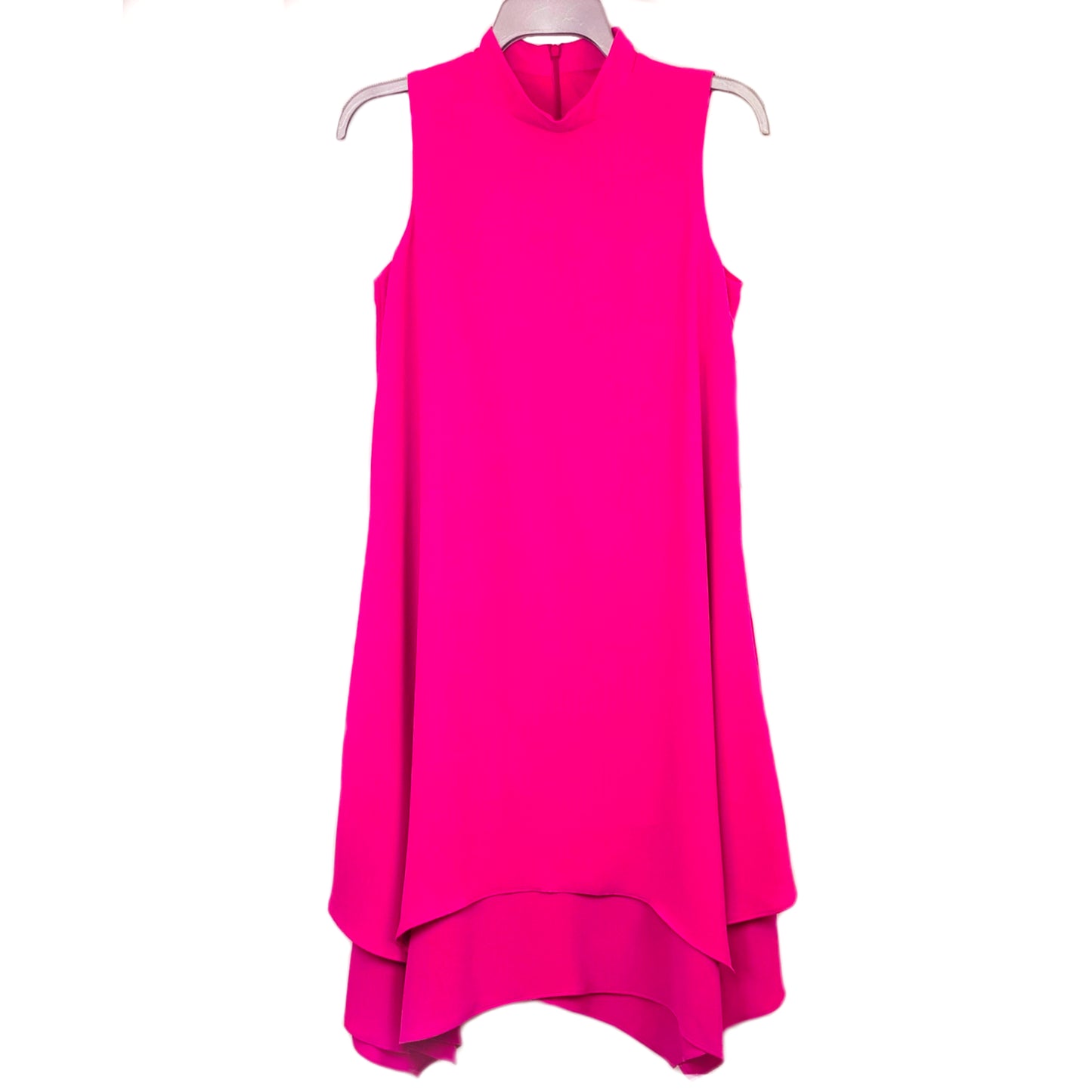 London Times Women's Mock Neck Sharkbite Hem Tiered Shift Mini Dress