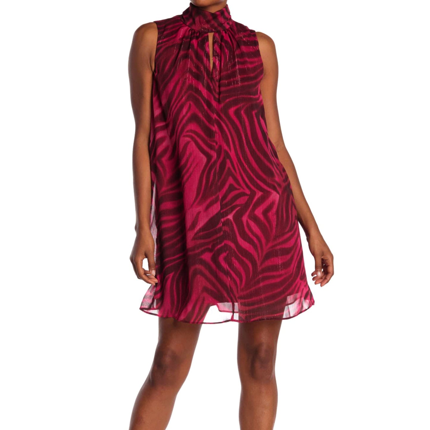 London Times Women's Tiger Print Mock Neck Bowtie Swing Mini Dress
