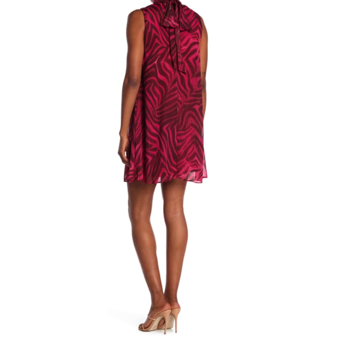 London Times Women's Tiger Print Mock Neck Bowtie Swing Mini Dress