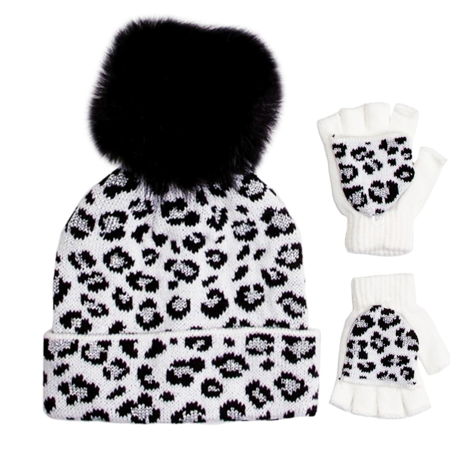 Love2Design Girls Age (4-6) Cheetah Print Knit Faux Fur Pom Hat with Flip Top Gloves Set