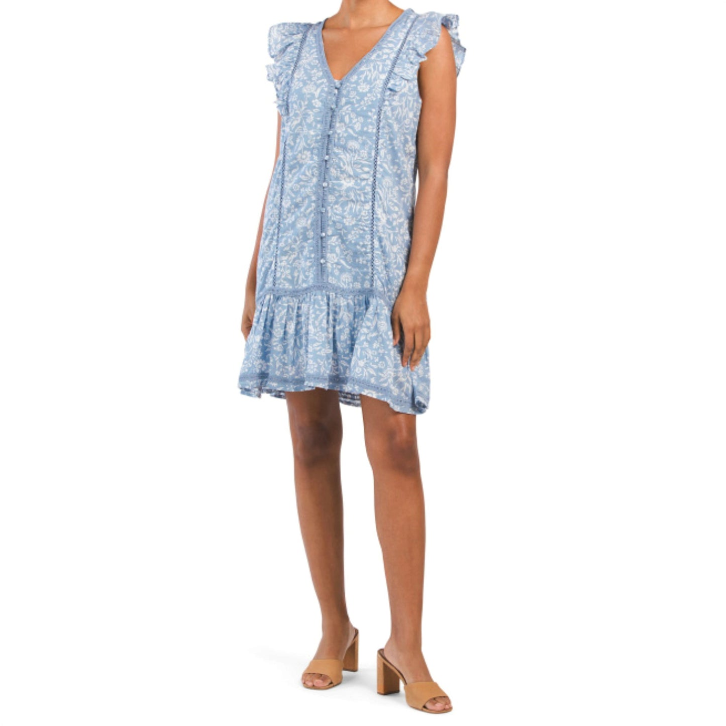 Lucky Brand Lace Trim Ruffle Shoulder Flounce Floral Mini Dress