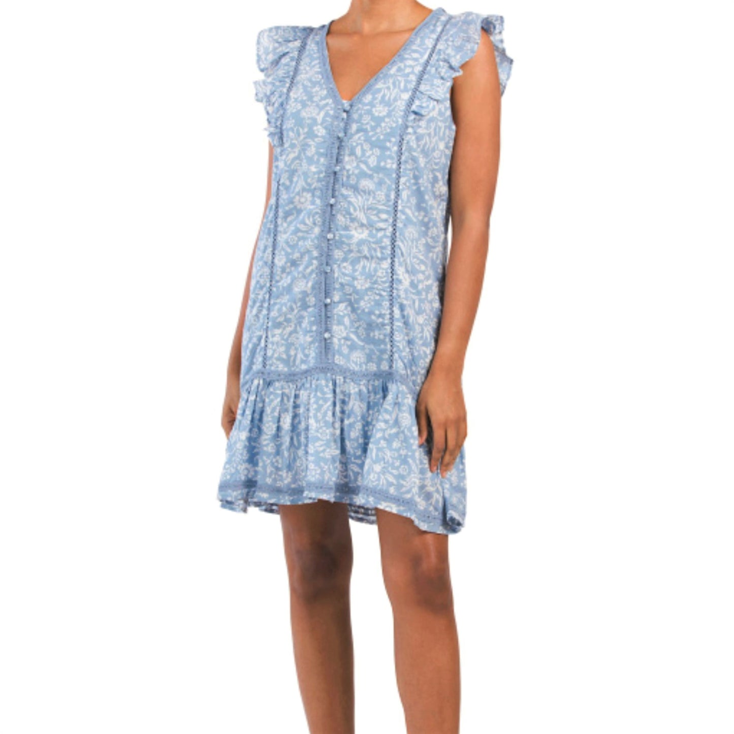 Lucky Brand Lace Trim Ruffle Shoulder Flounce Floral Mini Dress