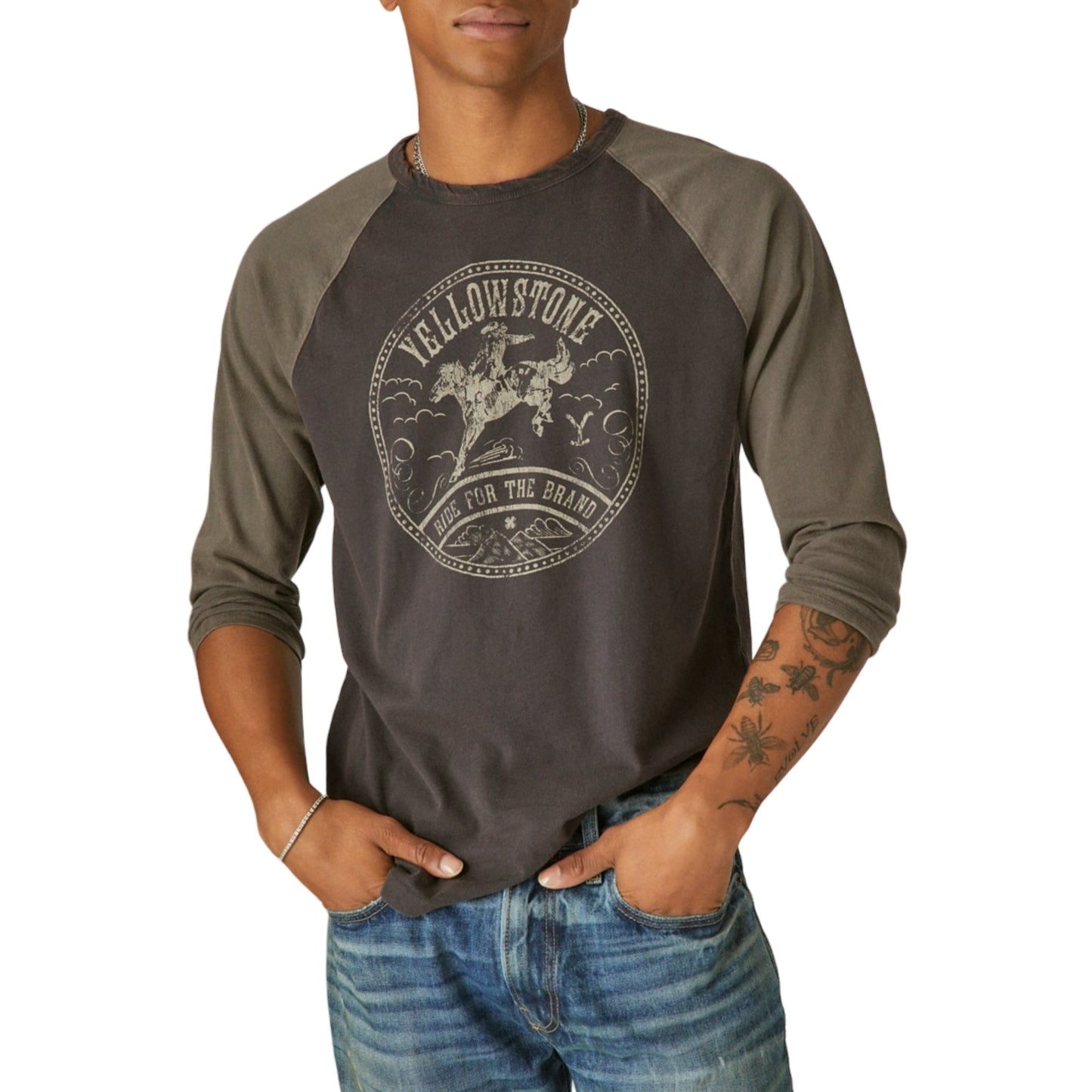 Lucky Brand Men's Yellowstone Cowboy Graphic Print Raglan Long Sleeve Tee