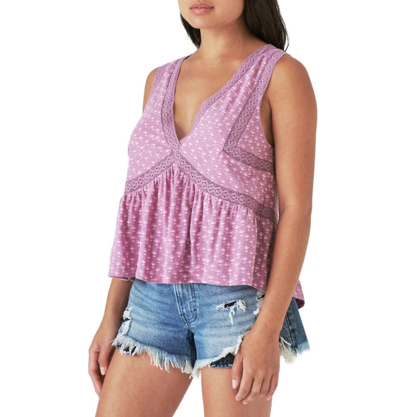 Lucky Brand Women's Geo Lace Trim Ruffle Tank Top
