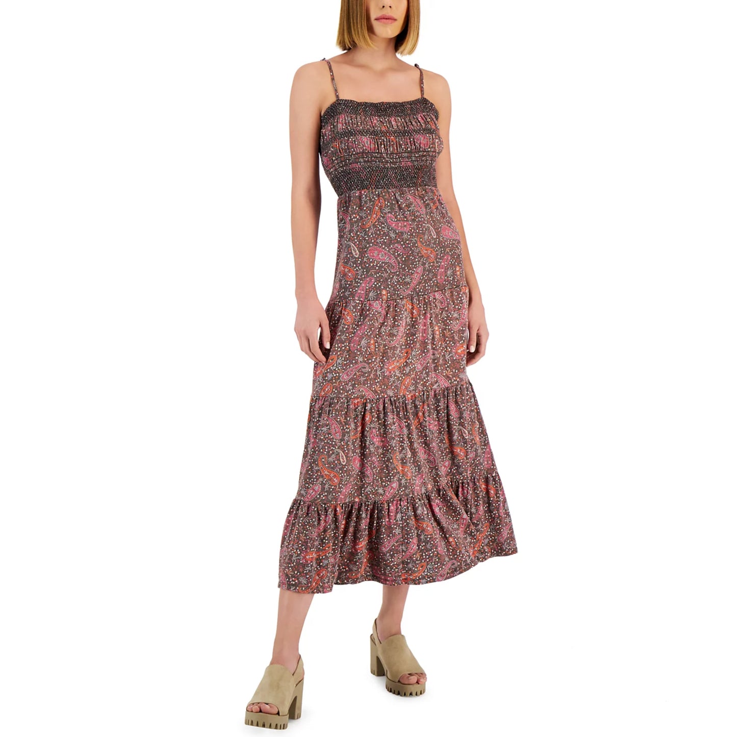 Lucky Brand Women's Paisley Print Embroidered Cotton Cut-out Tie Back Tired Maxi Dress