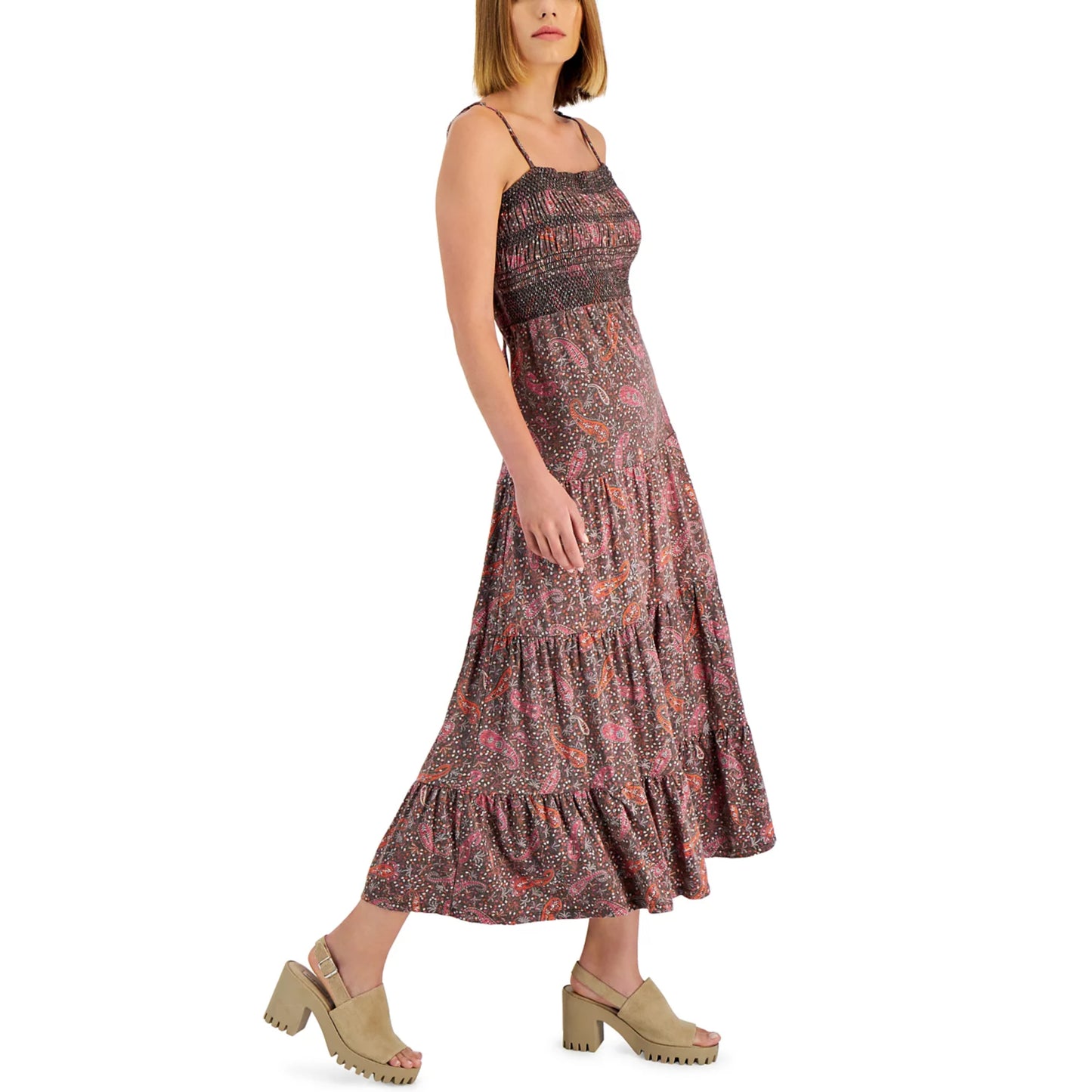 Lucky Brand Women's Paisley Print Embroidered Cotton Cut-out Tie Back Tired Maxi Dress