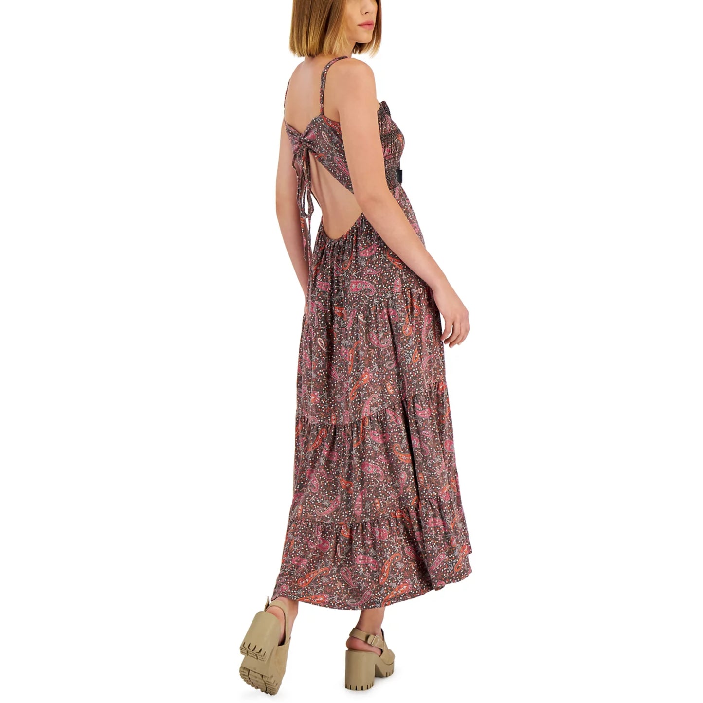 Lucky Brand Women's Paisley Print Embroidered Cotton Cut-out Tie Back Tired Maxi Dress