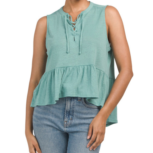 Lucky Brand Women's Linen Sleeveless Tie Neck Hi Low Ruffle Hem Top