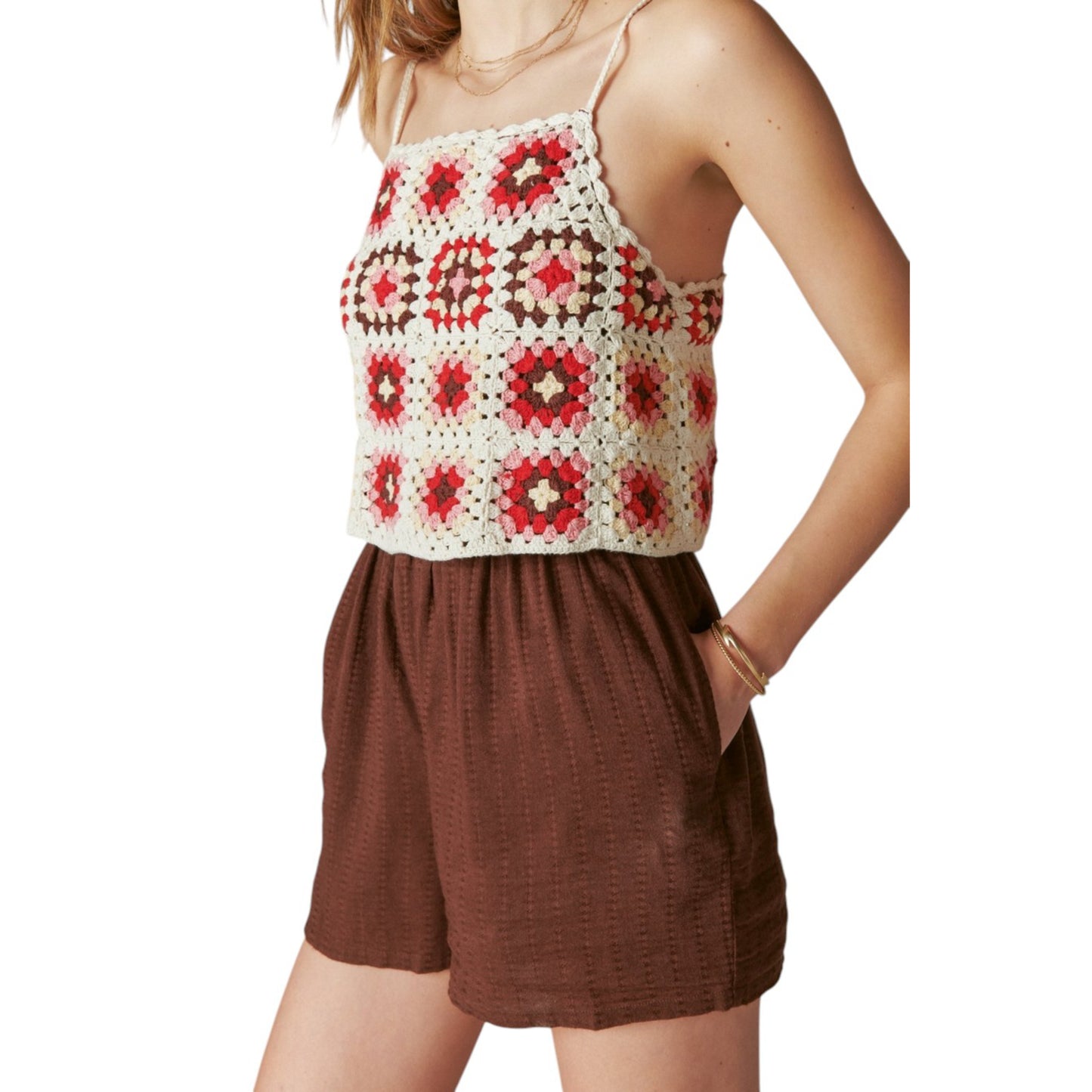 Lucky Brand Women's Crochet Spaghetti Straps Elastic Waist Romper