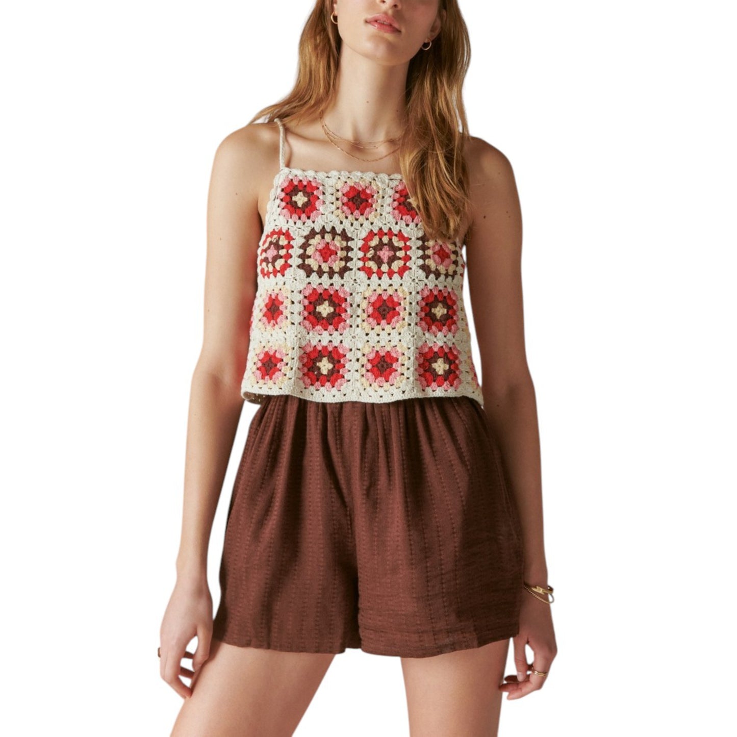 Lucky Brand Women's Crochet Spaghetti Straps Elastic Waist Romper