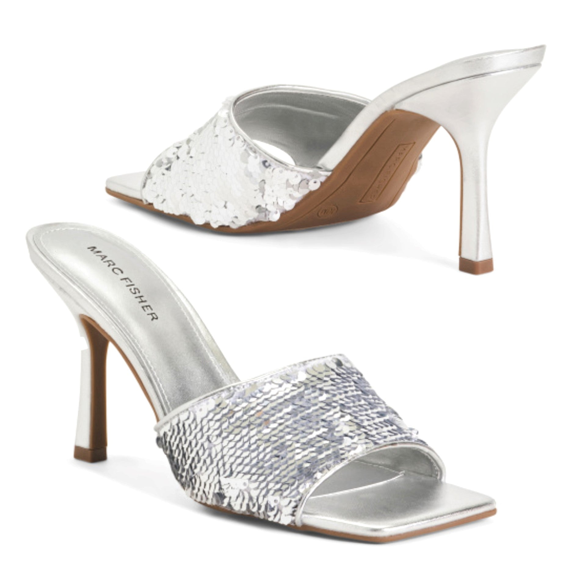 A pair of Marc Fisher Women's Danria Sequin Dress Slip-on Sandals with silver sequin embellishment and a stiletto heel. One sandal is displayed in silver, and the other in a brown-toned sequin finish.