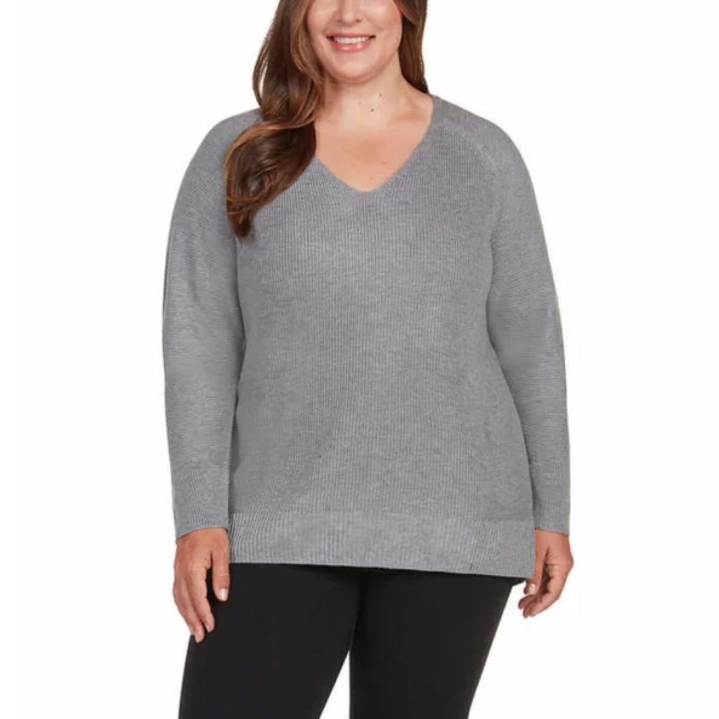Matty M Women's Plus Relaxed Fit Ribbed Knit V-Neck Tunic Sweater