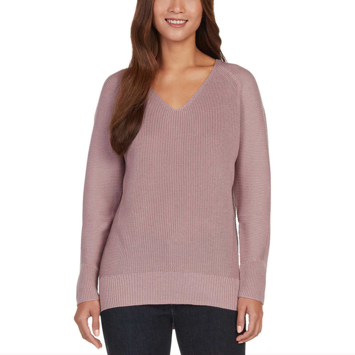 Matty M Women's Plus Relaxed Fit Ribbed Knit V-Neck Tunic Sweater