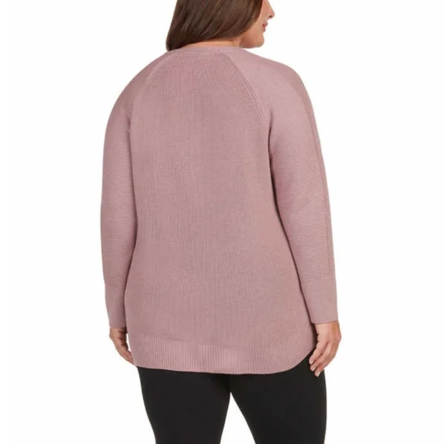 Matty M Women's Plus Relaxed Fit Ribbed Knit V-Neck Tunic Sweater