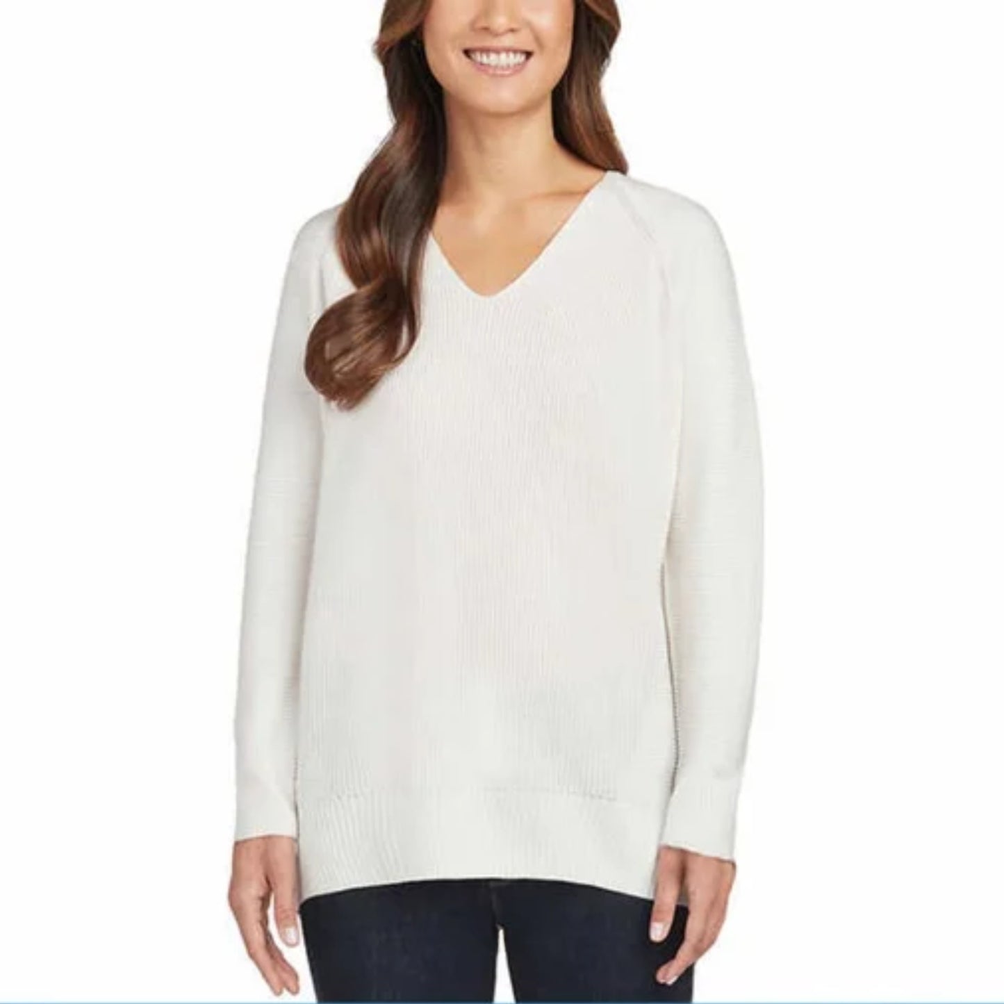 Matty M Women's Plus Relaxed Fit Ribbed Knit V-Neck Tunic Sweater