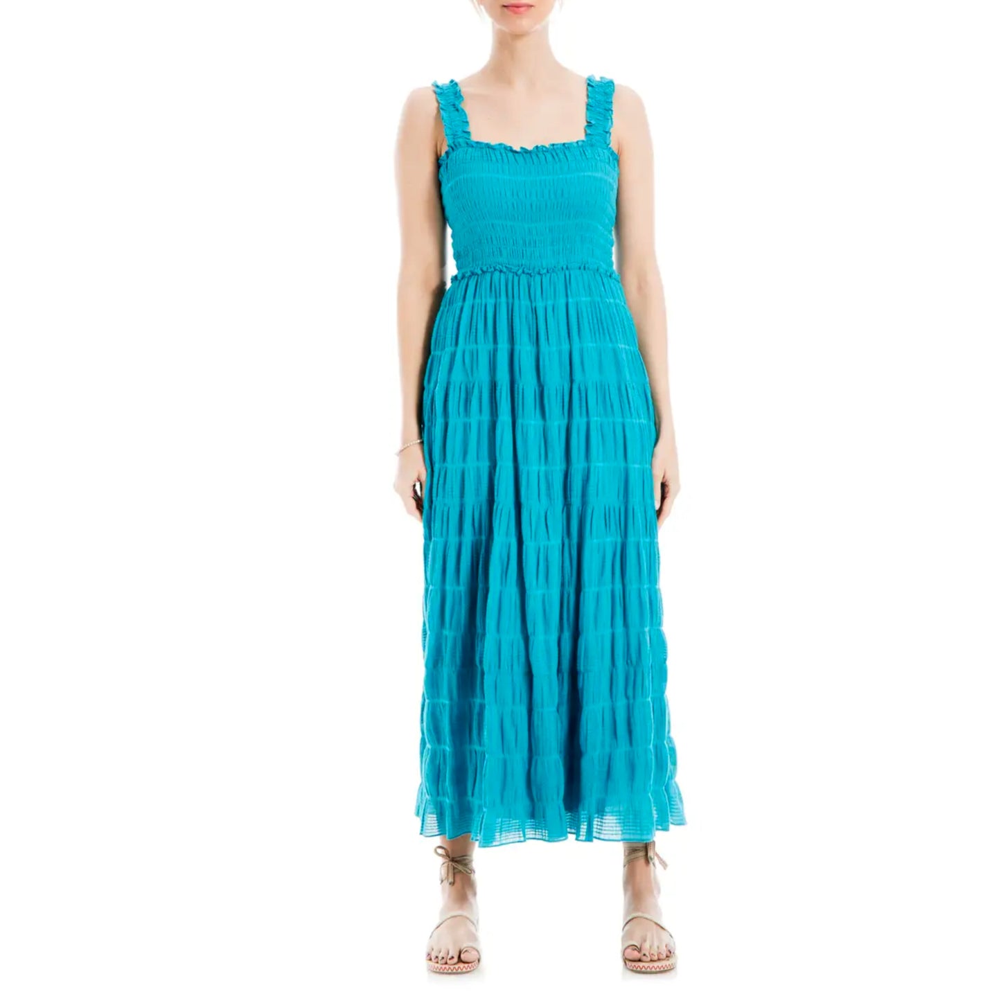 Max Studio Women's Square Neck Smocked Textured Cotton Maxi Dress