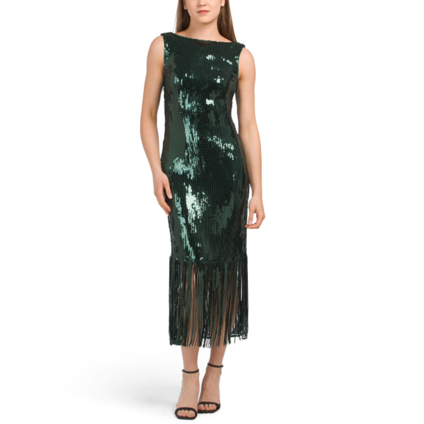 Nanette Lepore Women's Boat Neck Sequin Fringe Hem Maxi Dress