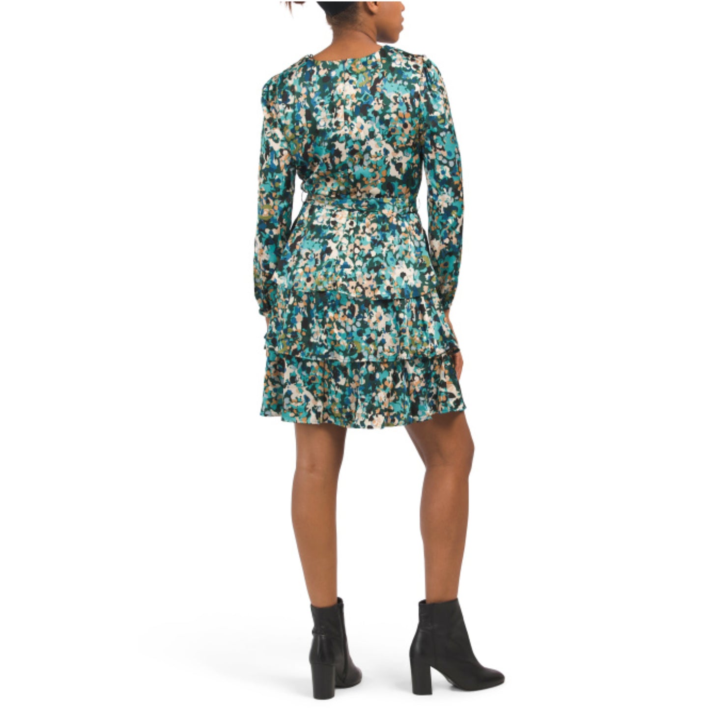 Nicole Miller NY Women's Floral Print Long Sleeve Ruffle Tiered Mini Dress