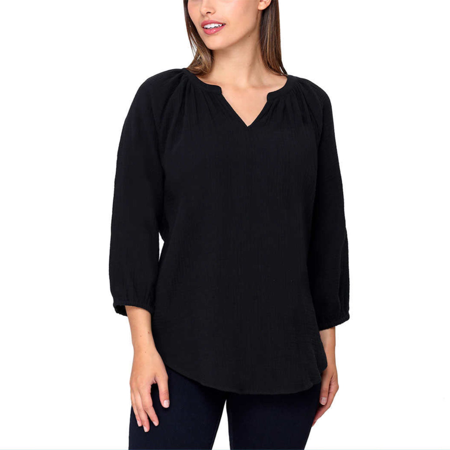 Nicole Miller Women's Notch Neck Raglan Sleeve Top Cotton Gauze Tunic Blouse