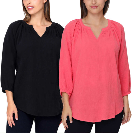 Nicole Miller Women's Notch Neck Raglan Sleeve Top Cotton Gauze Tunic Blouse