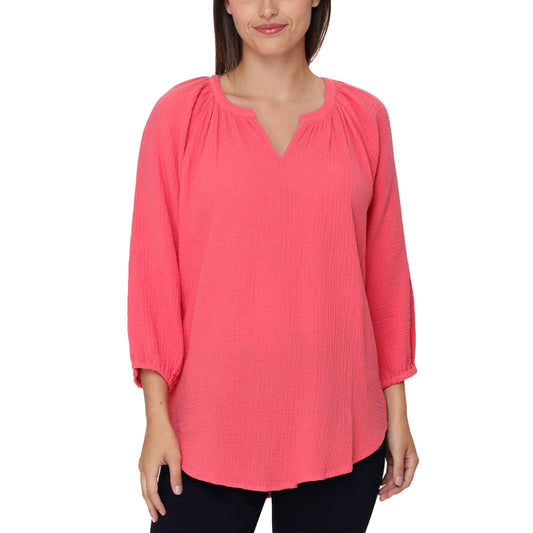 Nicole Miller Women's Notch Neck Raglan Sleeve Top Cotton Gauze Tunic Blouse