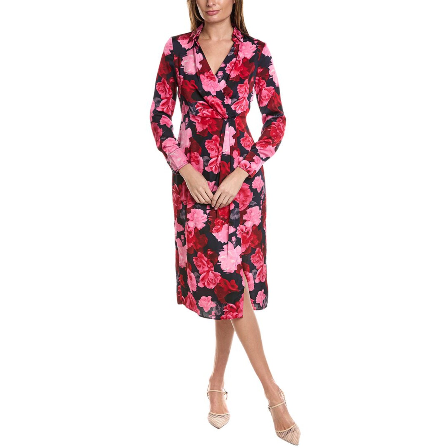 Nicole Miller Women's Floral Print Collared Wrap Style Midi Dress