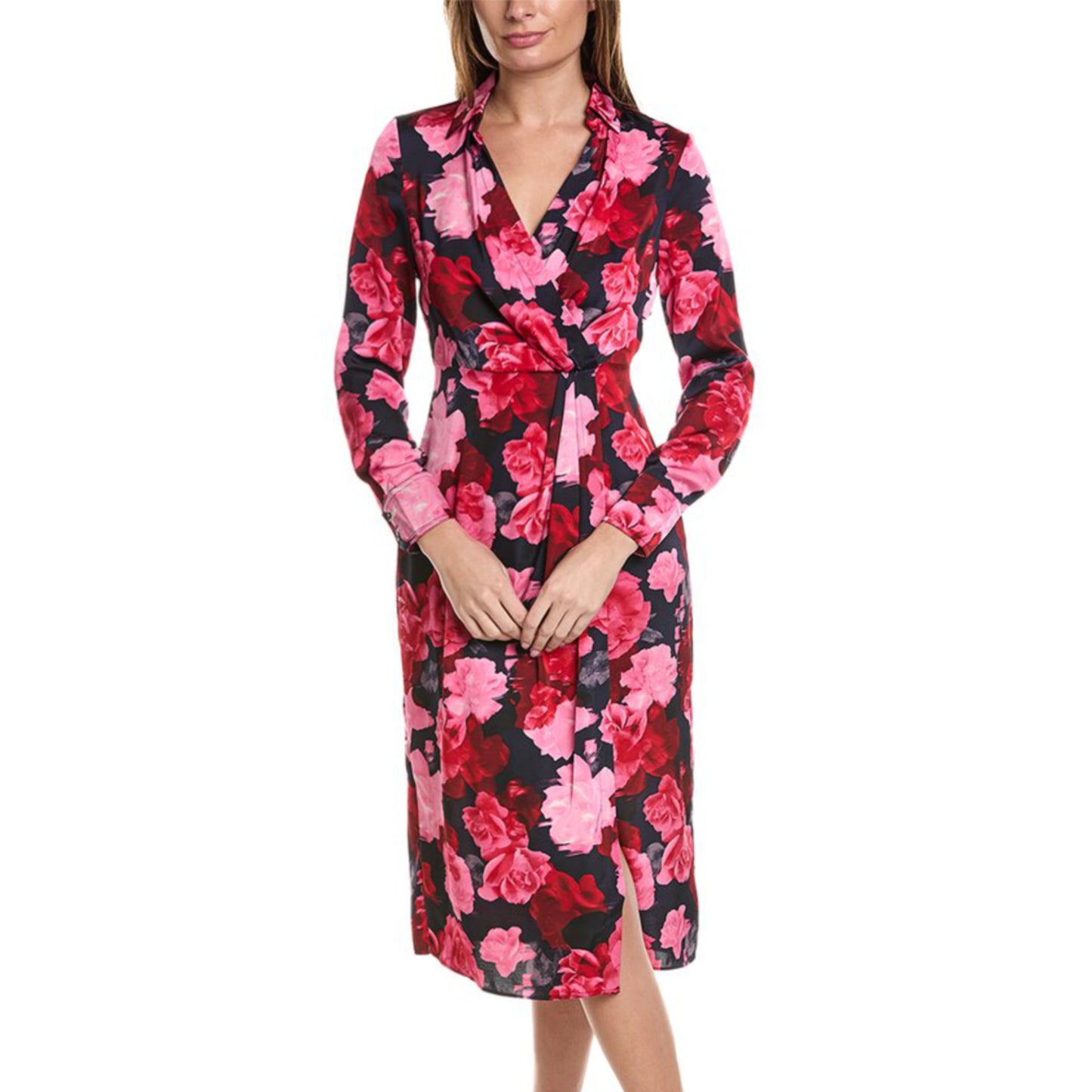 Nicole Miller Women's Floral Print Collared Wrap Style Midi Dress