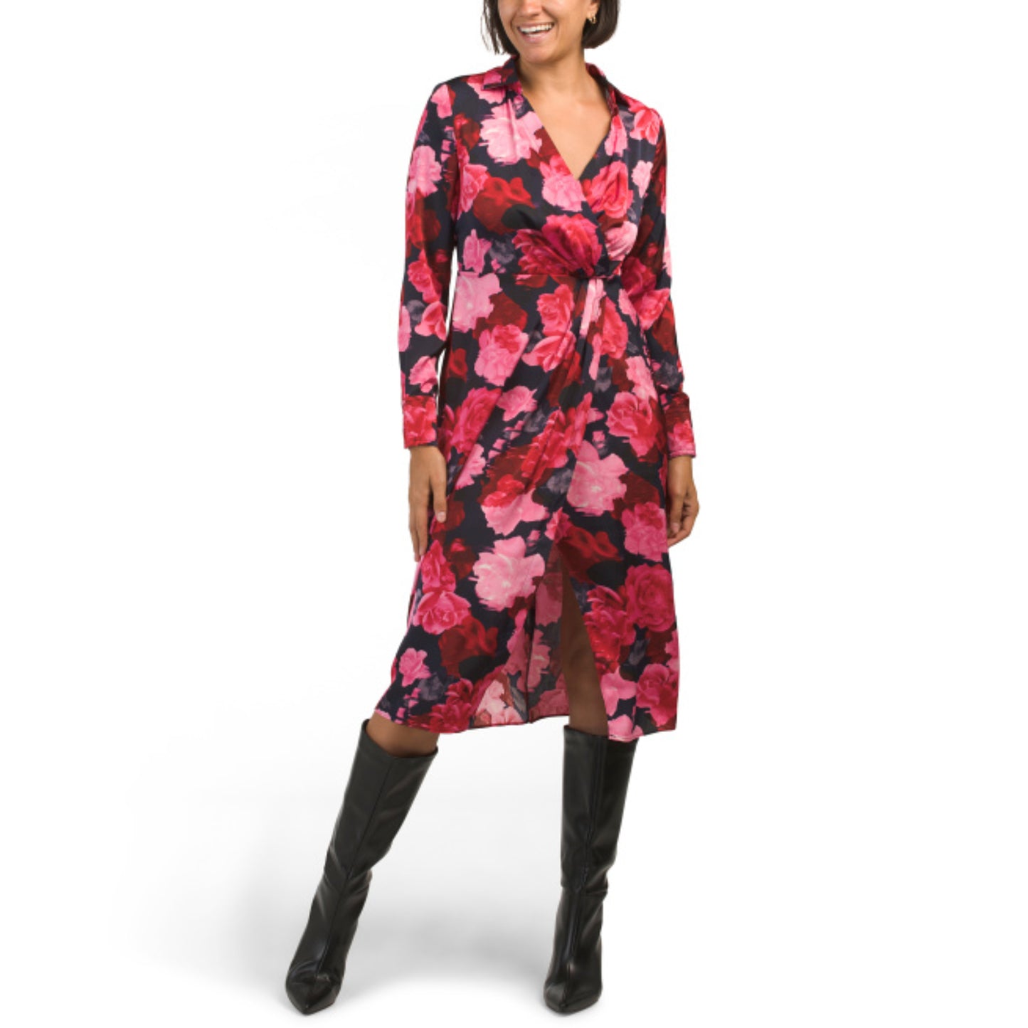 Nicole Miller Women's Floral Print Collared Wrap Style Midi Dress