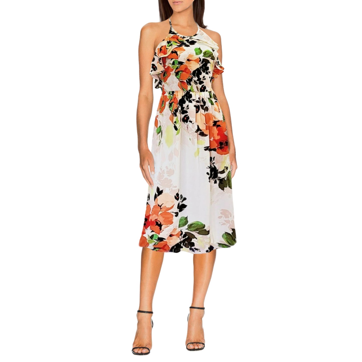 Nicole Miller Women's Floral Print Halter Ruffle Neck Fit & Flare Midi Dress