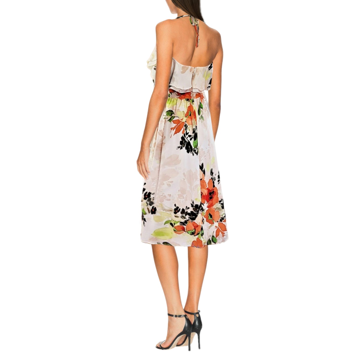 Nicole Miller Women's Floral Print Halter Ruffle Neck Fit & Flare Midi Dress