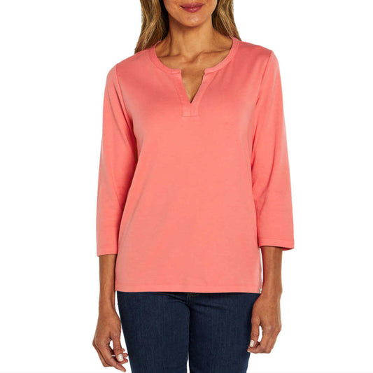 Orvis Women's Three Quater Sleeve Split Neck Soft Pima Cotton Blouse Top