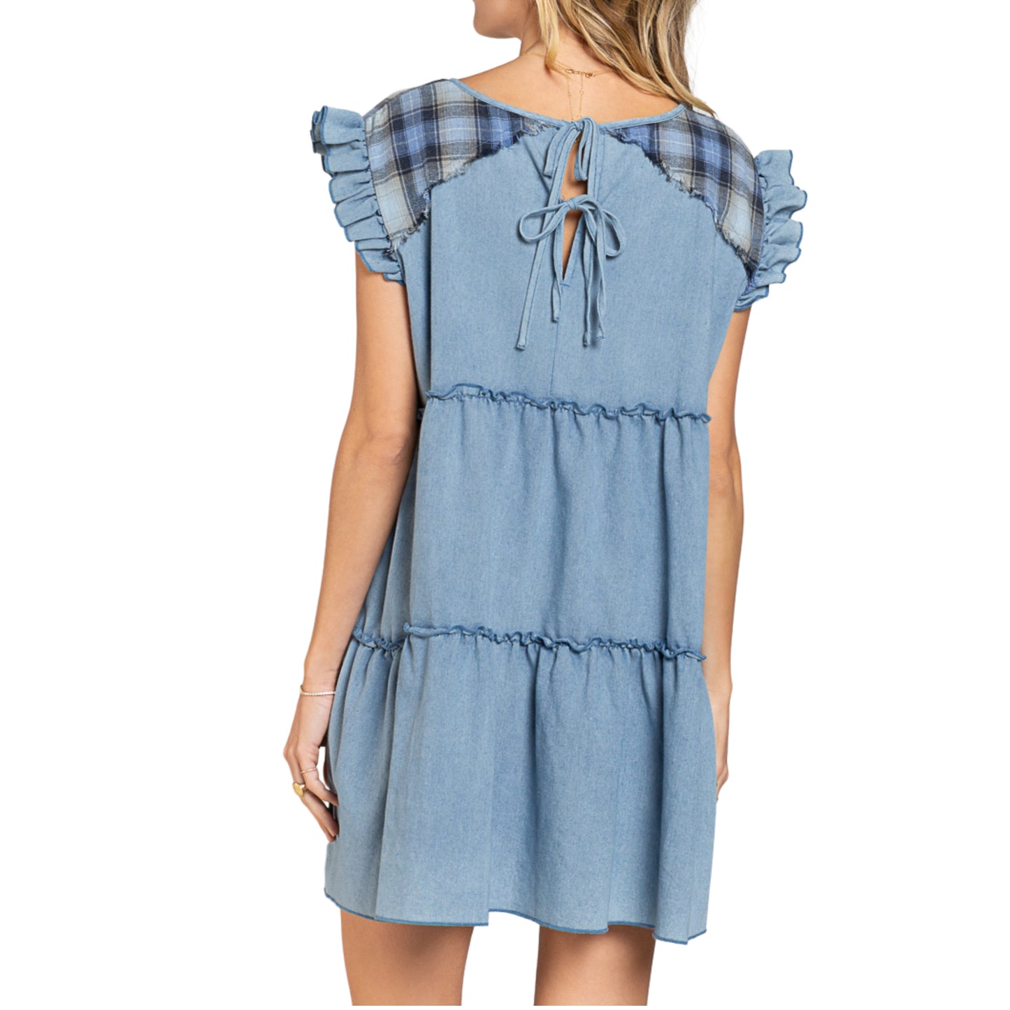 POL Women's Denim Raffle Sleeve Tired Mini Dress