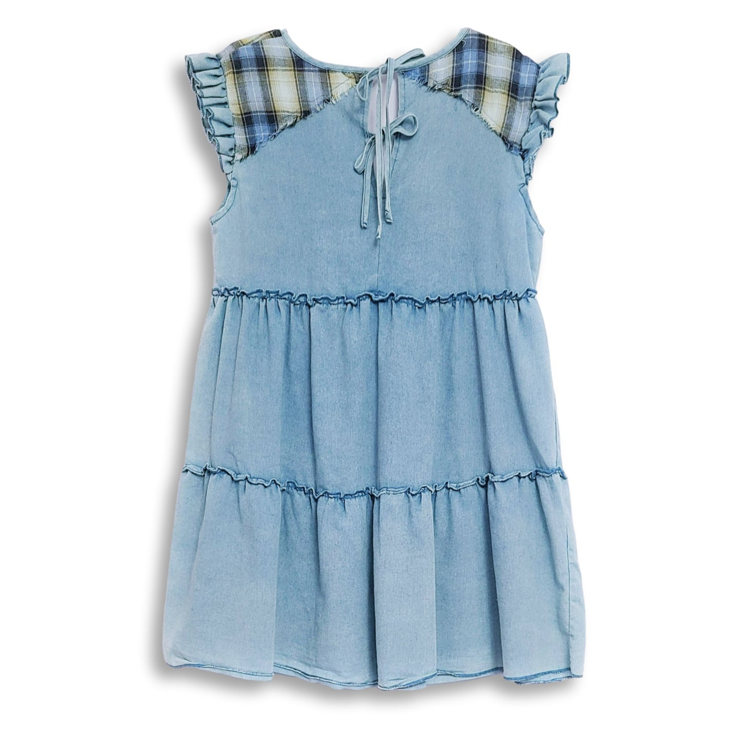 POL Women's Denim Raffle Sleeve Tired Mini Dress