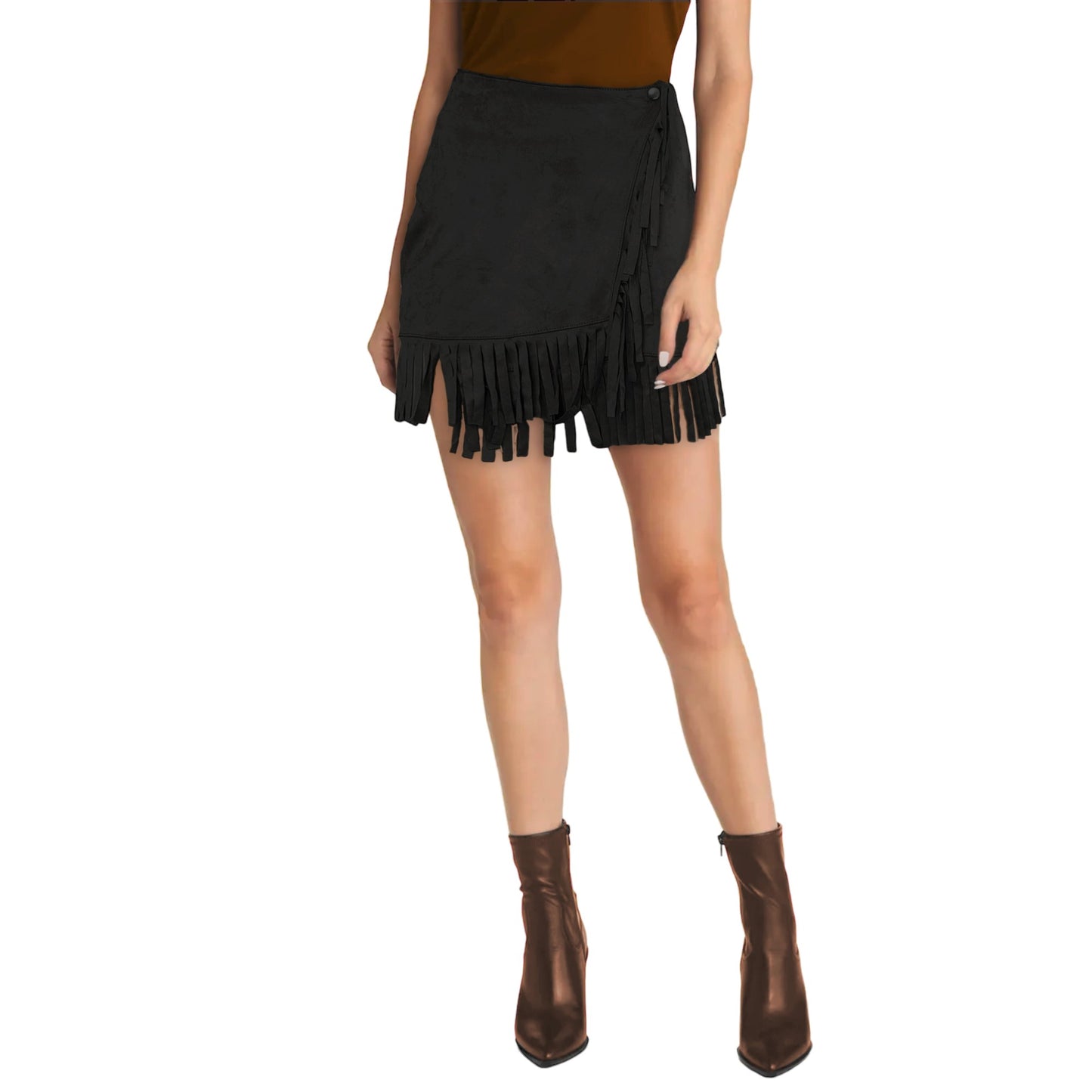 POL Women's Faux Suede Wrap Fringe Hem Mini Skirt