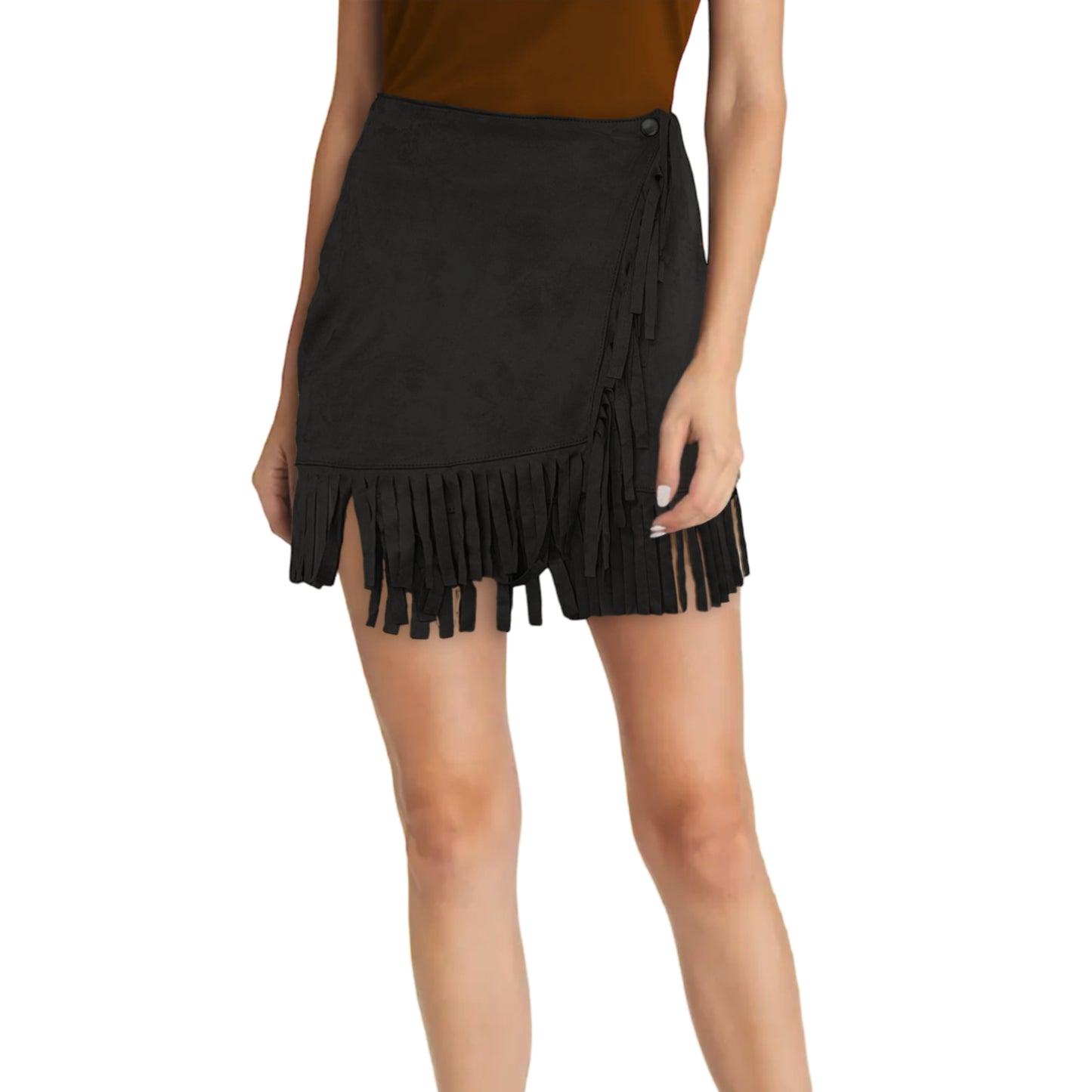 POL Women's Faux Suede Wrap Fringe Hem Mini Skirt
