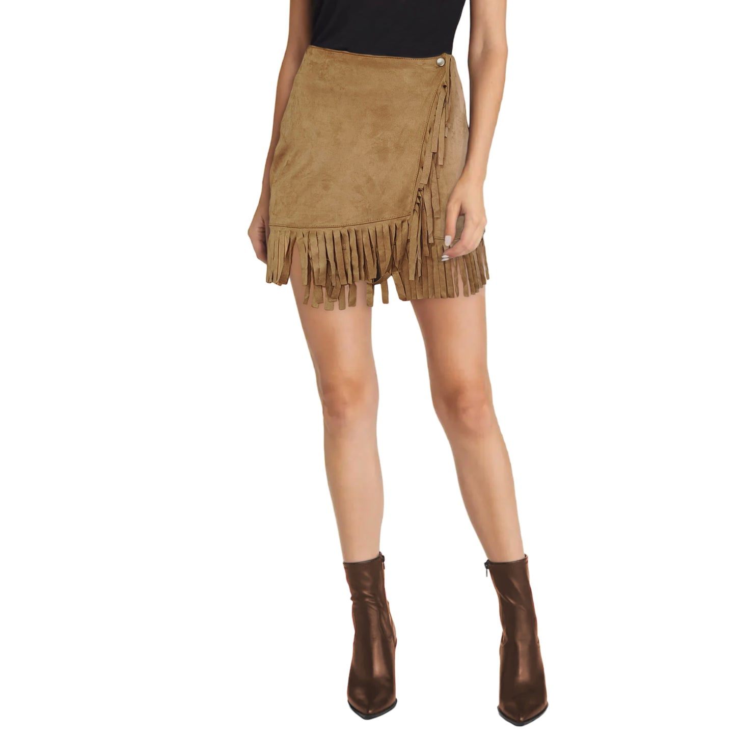 POL Women's Faux Suede Wrap Fringe Hem Mini Skirt