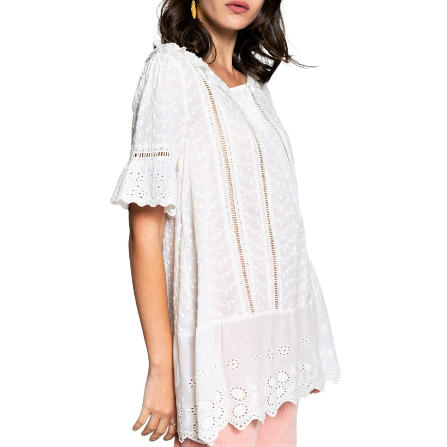 POL Women's Boho Eyelet Embroidered Lace Ruffle Trim Blouse Tunic Top