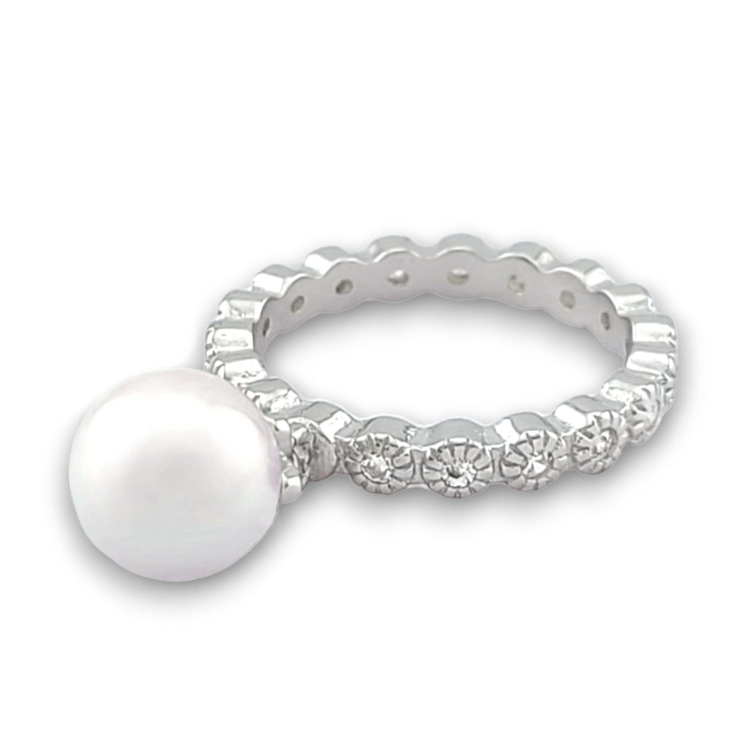 Fashion Women's 925 Sterling Silver Round Eternity Band & Dangle Pearl Ring