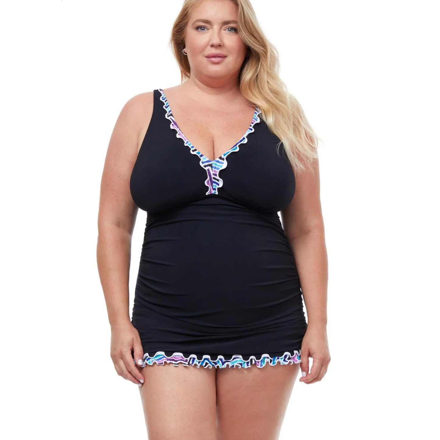 Profile by Gottex Women's Plus V-Neck Ruffle Trim Tempo Swim Dress