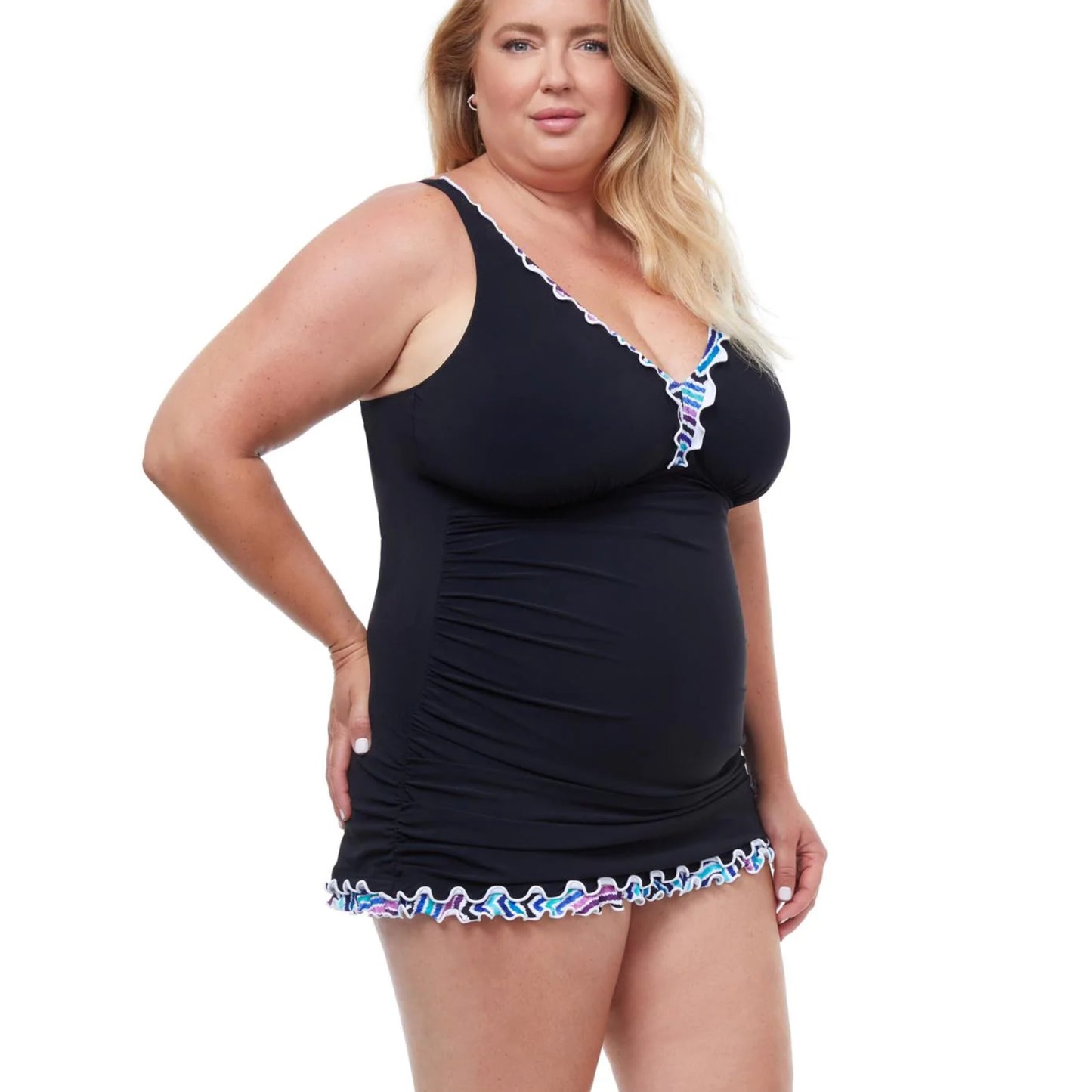 Profile by Gottex Women's Plus V-Neck Ruffle Trim Tempo Swim Dress