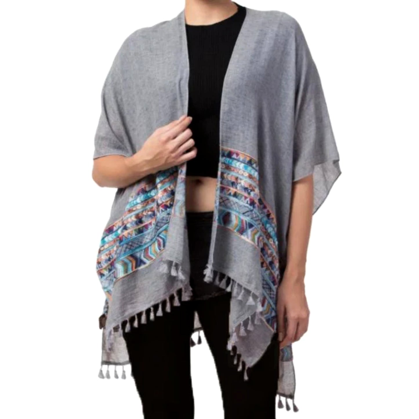 RAJ Women's Aztec Embroidered Tassel Trim Beach Cover-up Boho Kimono Shawl Wrap