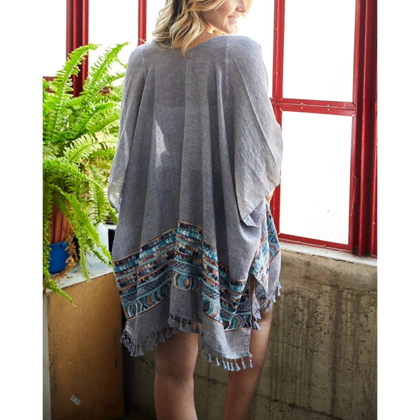 RAJ Women's Aztec Embroidered Tassel Trim Beach Cover-up Boho Kimono Shawl Wrap