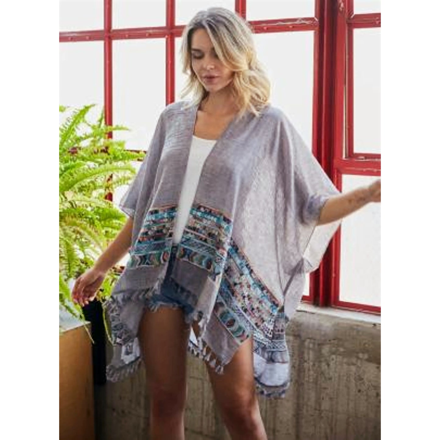 RAJ Women's Aztec Embroidered Tassel Trim Beach Cover-up Boho Kimono Shawl Wrap