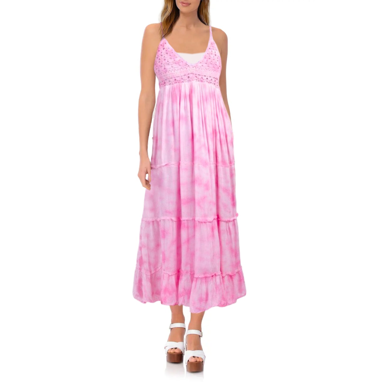 RAVIYA Women's Crochet Top Cotton Blend Tiered Beach Pool Cover-up Maxi Dress