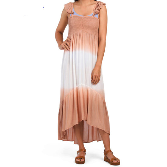 RAVIYA Women's Tie Dye Ombre Hi-low Hem Ruffle Trim Cover-up Maxi Dress