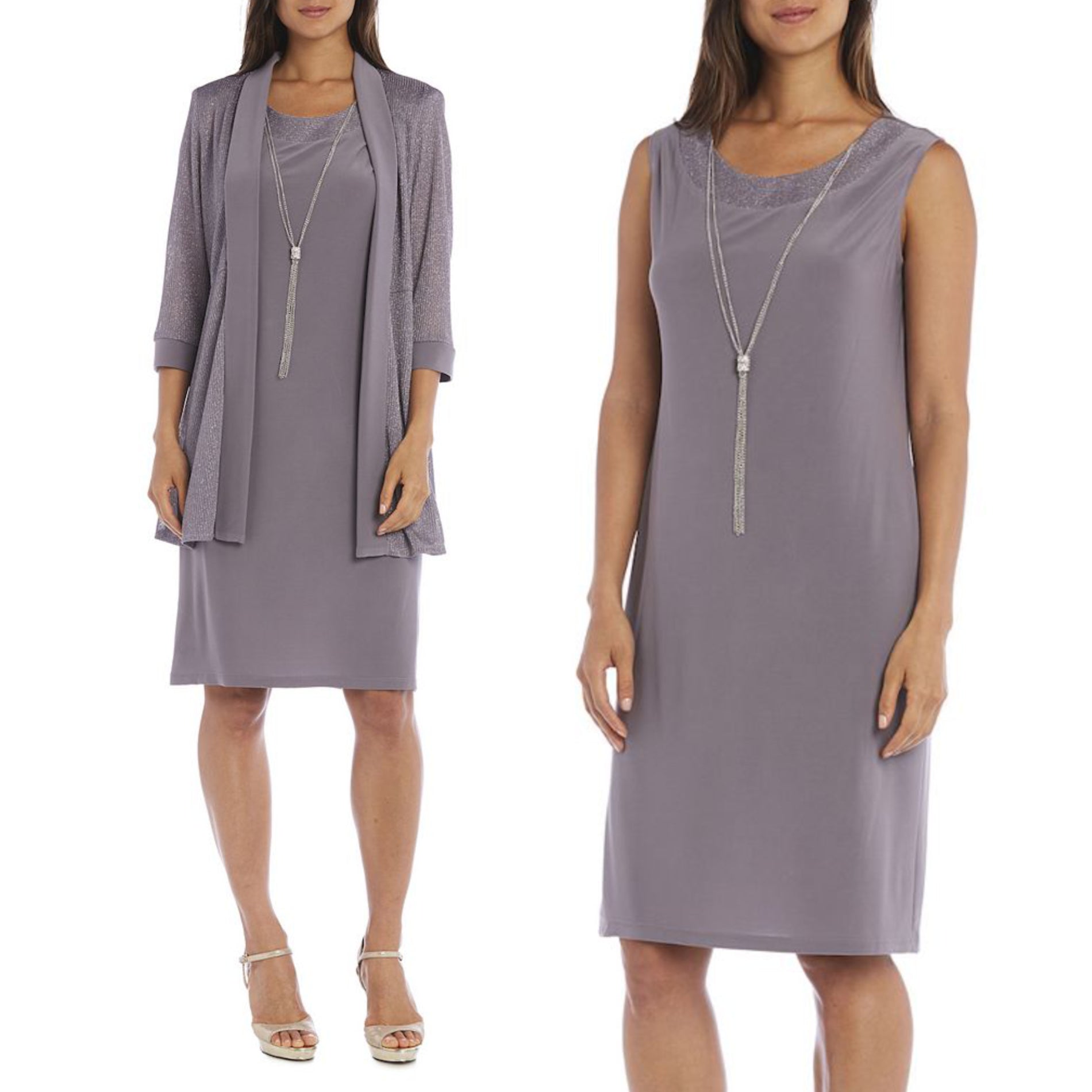open lace back dress R&M Richards Plus 2Pc Sparkly Rib Metallic Party Cocktail Jacket & Dress Set