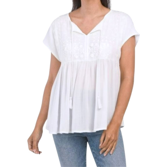 Rachel Roy Embroidered Yoke Metallic Accent Lightweight Blouse Tunic Top