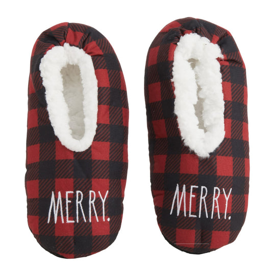Rae Dunn Women's Merry, Santa Plaid Plush Faux Fur Christmas Cozy Slippers
